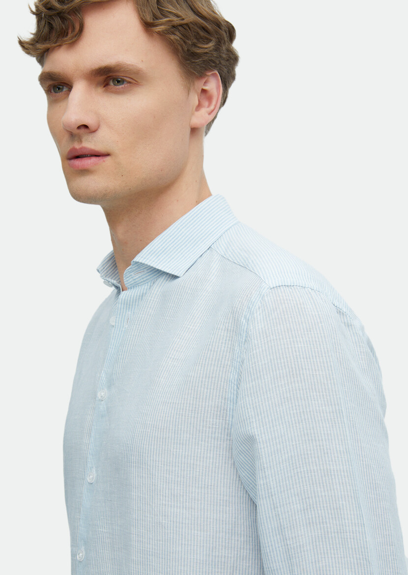 Mavi Çizgili Regular Fit Uzun Dokuma Casual Keten Karışımlı Gömlek - 3