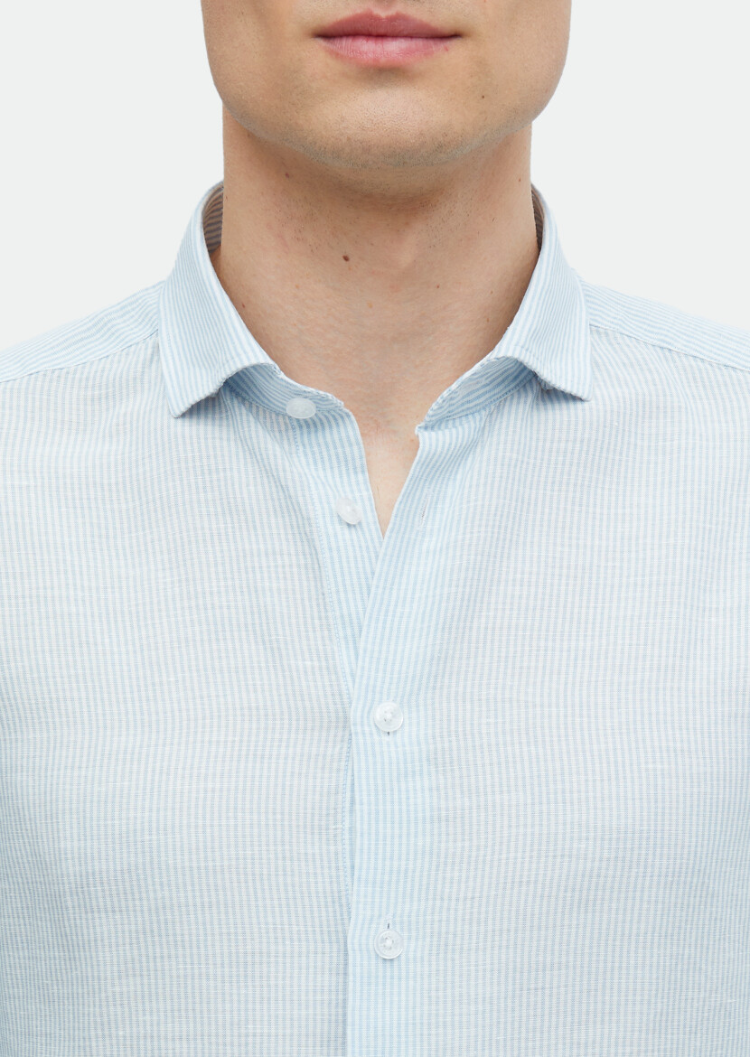 Mavi Çizgili Regular Fit Uzun Dokuma Casual Keten Karışımlı Gömlek - 4