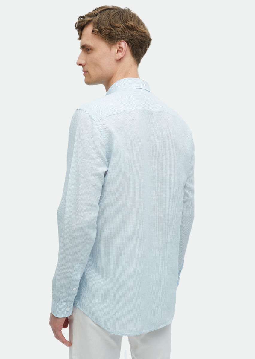 Mavi Çizgili Regular Fit Uzun Dokuma Casual Keten Karışımlı Gömlek - 6