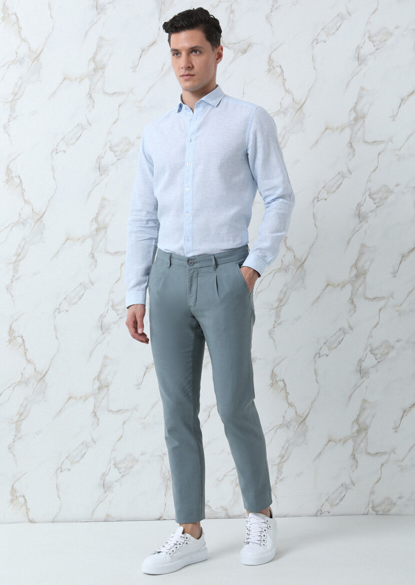 Mavi Çizgili Regular Fit Uzun Dokuma Casual Pamuk Karışımlı Gömlek - 4