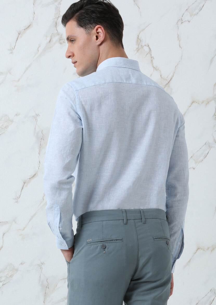 Mavi Çizgili Regular Fit Uzun Dokuma Casual Pamuk Karışımlı Gömlek - 5
