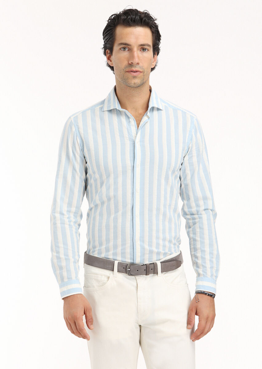 Mavi Çizgili Regular Fit Uzun Dokuma Casual Pamuk Karışımlı Gömlek - 3