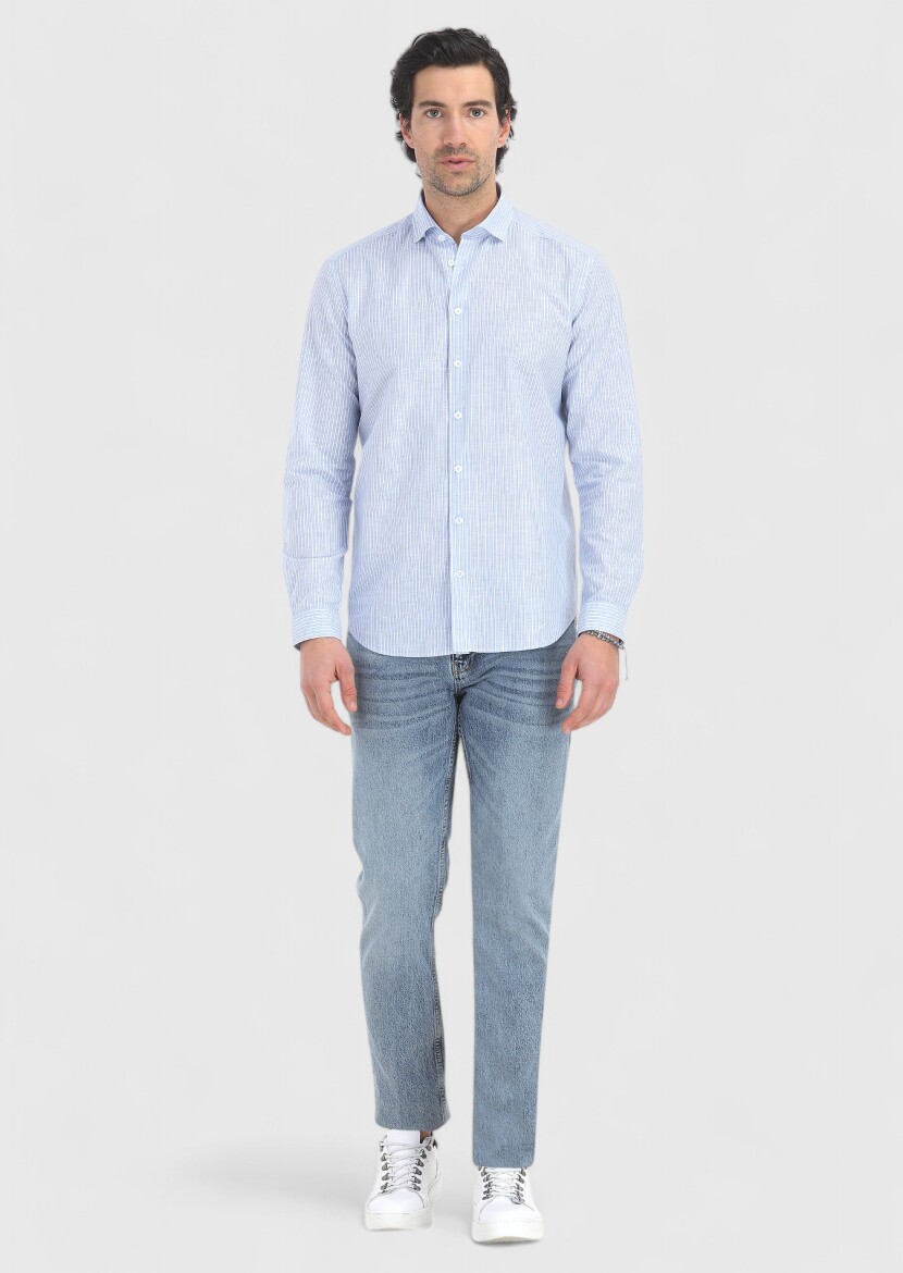 Mavi Çizgili Regular Fit Uzun Dokuma Casual Pamuk Karışımlı Gömlek - 1