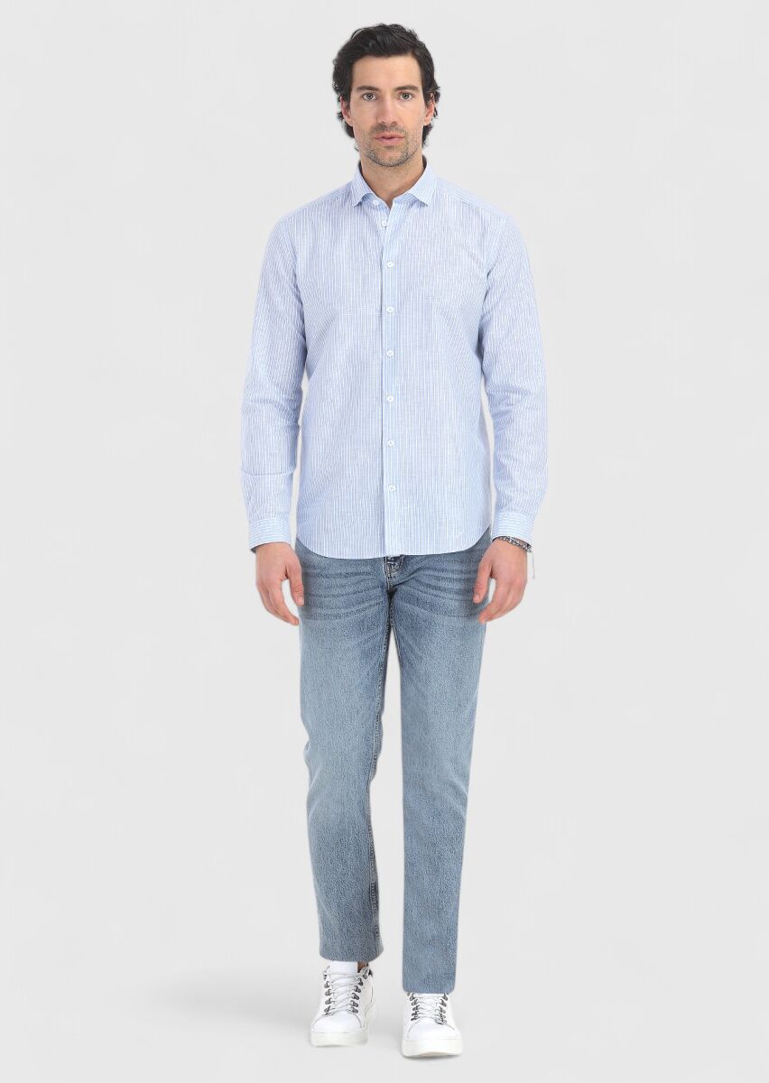 Mavi Çizgili Regular Fit Uzun Dokuma Casual Pamuk Karışımlı Gömlek - 1