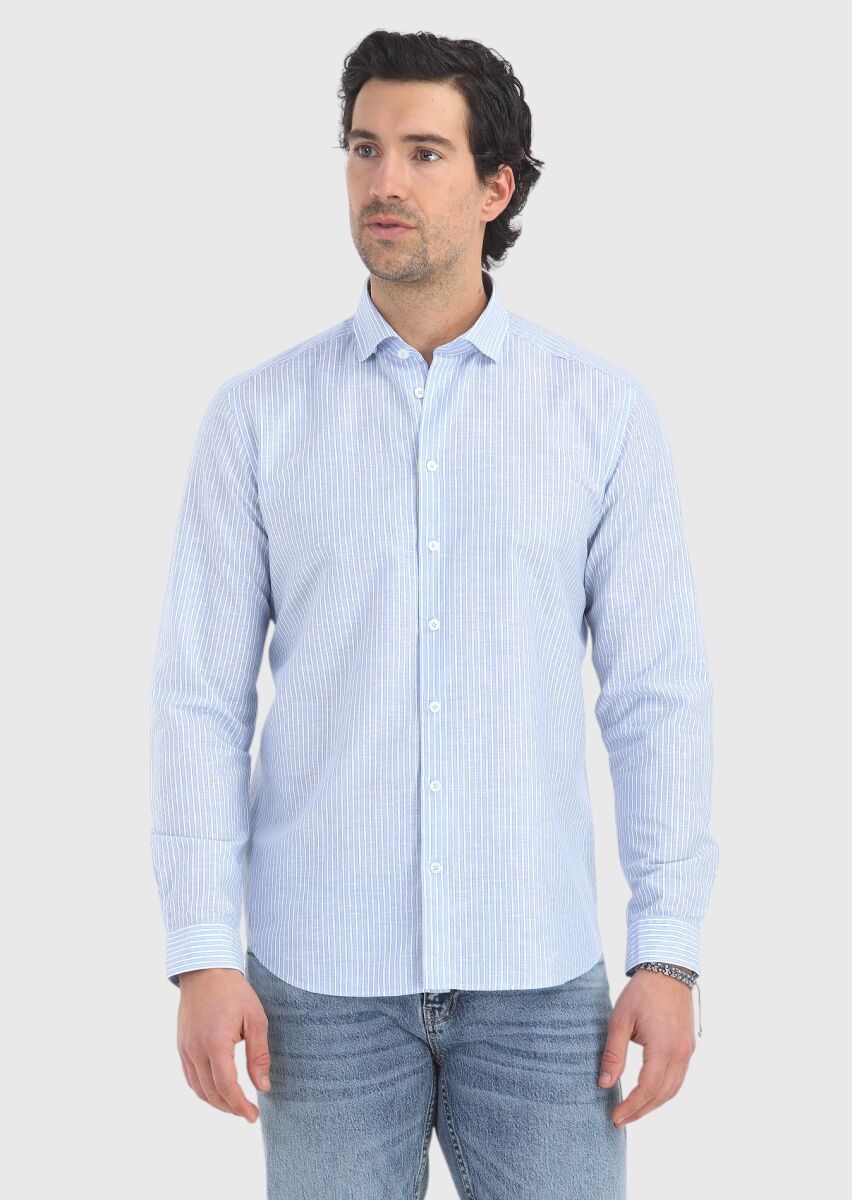 Mavi Çizgili Regular Fit Uzun Dokuma Casual Pamuk Karışımlı Gömlek - 2