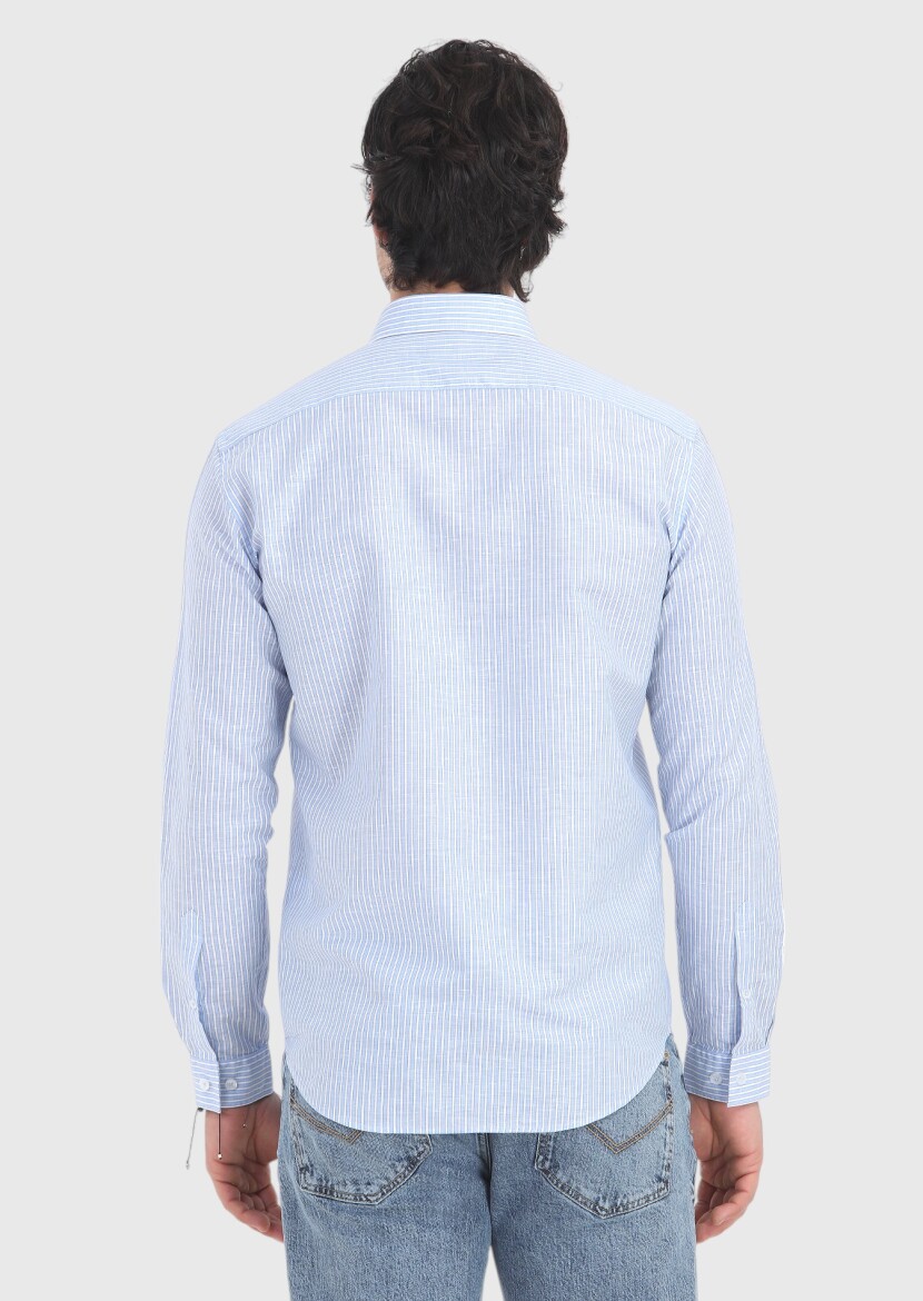 Mavi Çizgili Regular Fit Uzun Dokuma Casual Pamuk Karışımlı Gömlek - 4