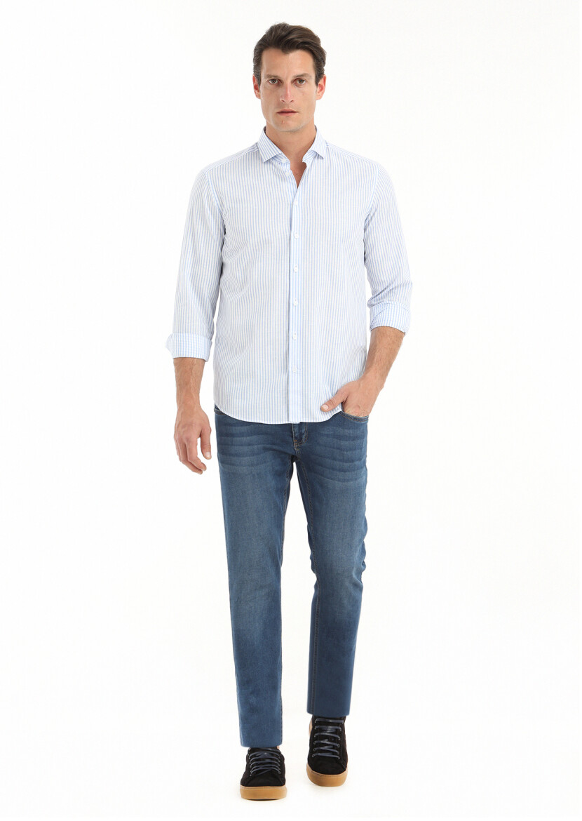 Mavi Çizgili Regular Fit Uzun Dokuma Casual Pamuk Karışımlı Gömlek - 1