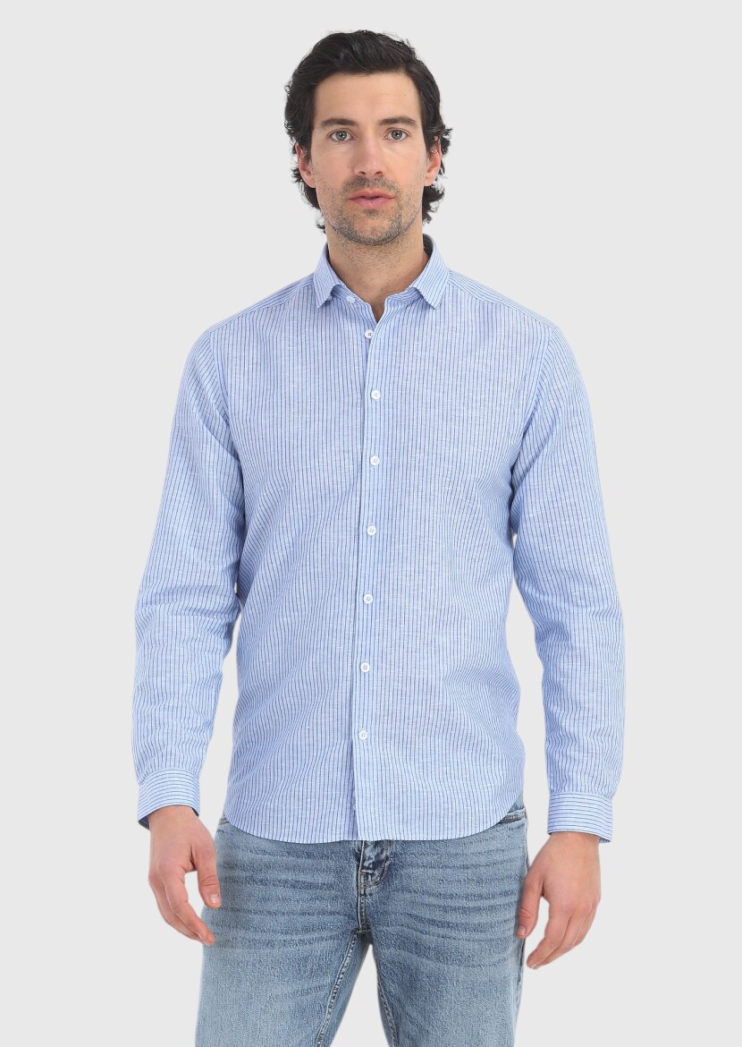 Mavi Çizgili Regular Fit Uzun Dokuma Casual Pamuk Karışımlı Gömlek - 2