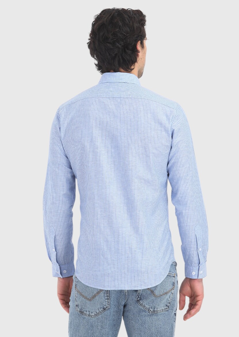Mavi Çizgili Regular Fit Uzun Dokuma Casual Pamuk Karışımlı Gömlek - 4
