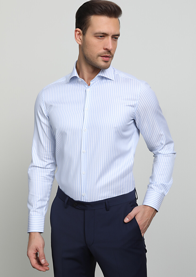 Mavi Çizgili Regular Fit Uzun Dokuma Klasik %100 Pamuk Gömlek - 1
