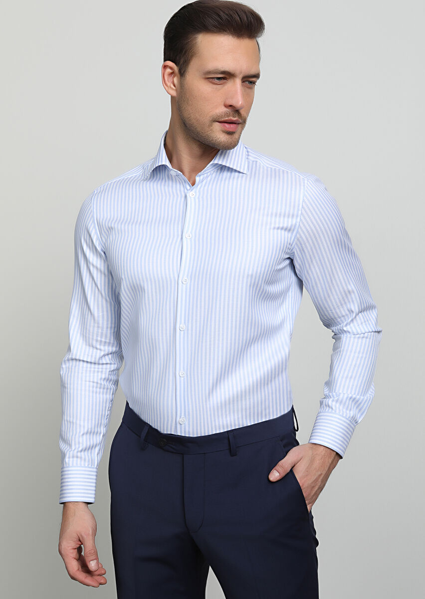 Mavi Çizgili Regular Fit Uzun Dokuma Klasik %100 Pamuk Gömlek - 1