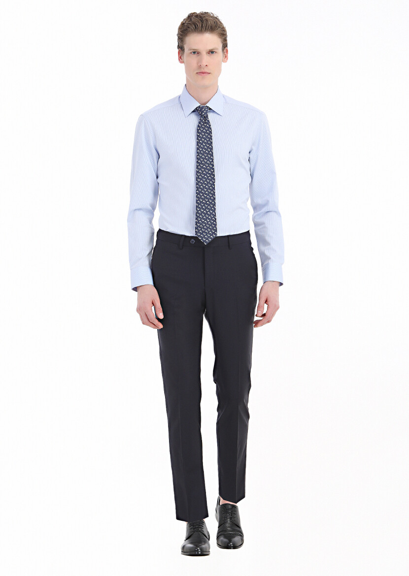 Mavi Çizgili Regular Fit Uzun Dokuma Klasik %100 Pamuk Gömlek - 1