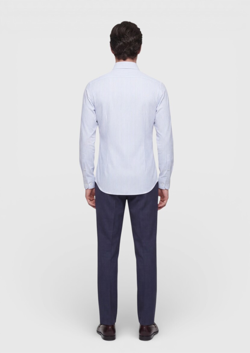 Mavi Çizgili Regular Fit Uzun Dokuma Klasik %100 Pamuk Gömlek - 4
