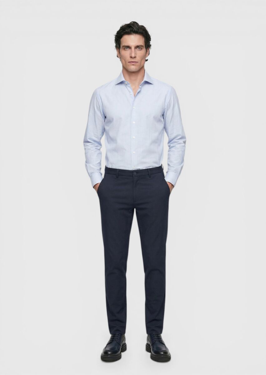 Mavi Çizgili Regular Fit Uzun Dokuma Klasik Pamuk Karışımlı Gömlek - 2