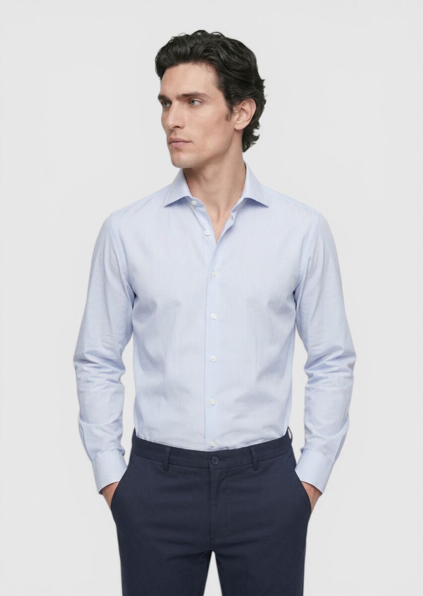 Mavi Çizgili Regular Fit Uzun Dokuma Klasik Pamuk Karışımlı Gömlek - 1