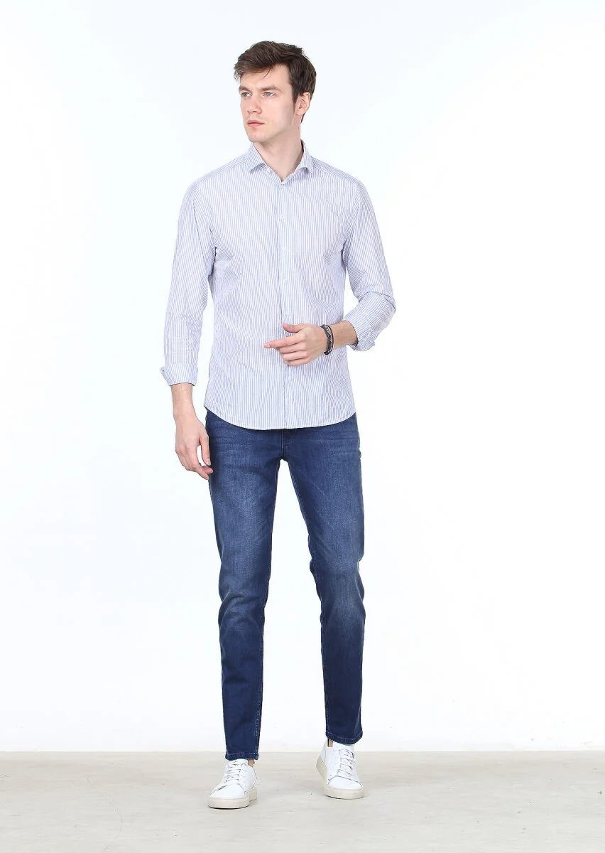 Mavi Çizgili Slim Fit Dokuma Casual Pamuk Karışımlı Gömlek - 2