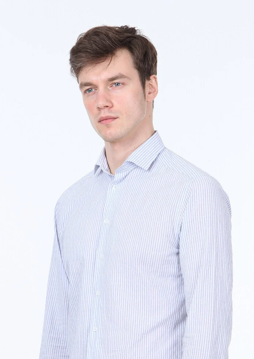 Mavi Çizgili Slim Fit Dokuma Casual Pamuk Karışımlı Gömlek - 3
