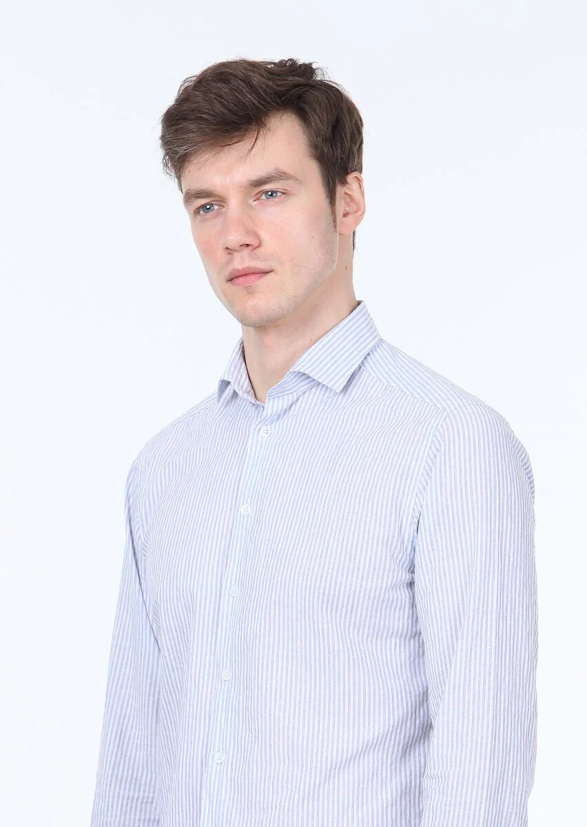 Mavi Çizgili Slim Fit Dokuma Casual Pamuk Karışımlı Gömlek - 3