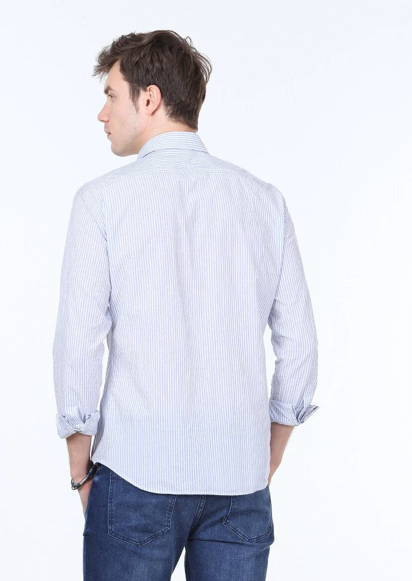 Mavi Çizgili Slim Fit Dokuma Casual Pamuk Karışımlı Gömlek - 4