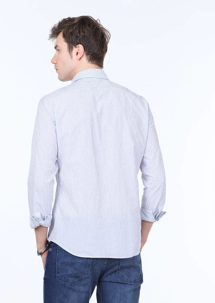 Mavi Çizgili Slim Fit Dokuma Casual Pamuk Karışımlı Gömlek - 4