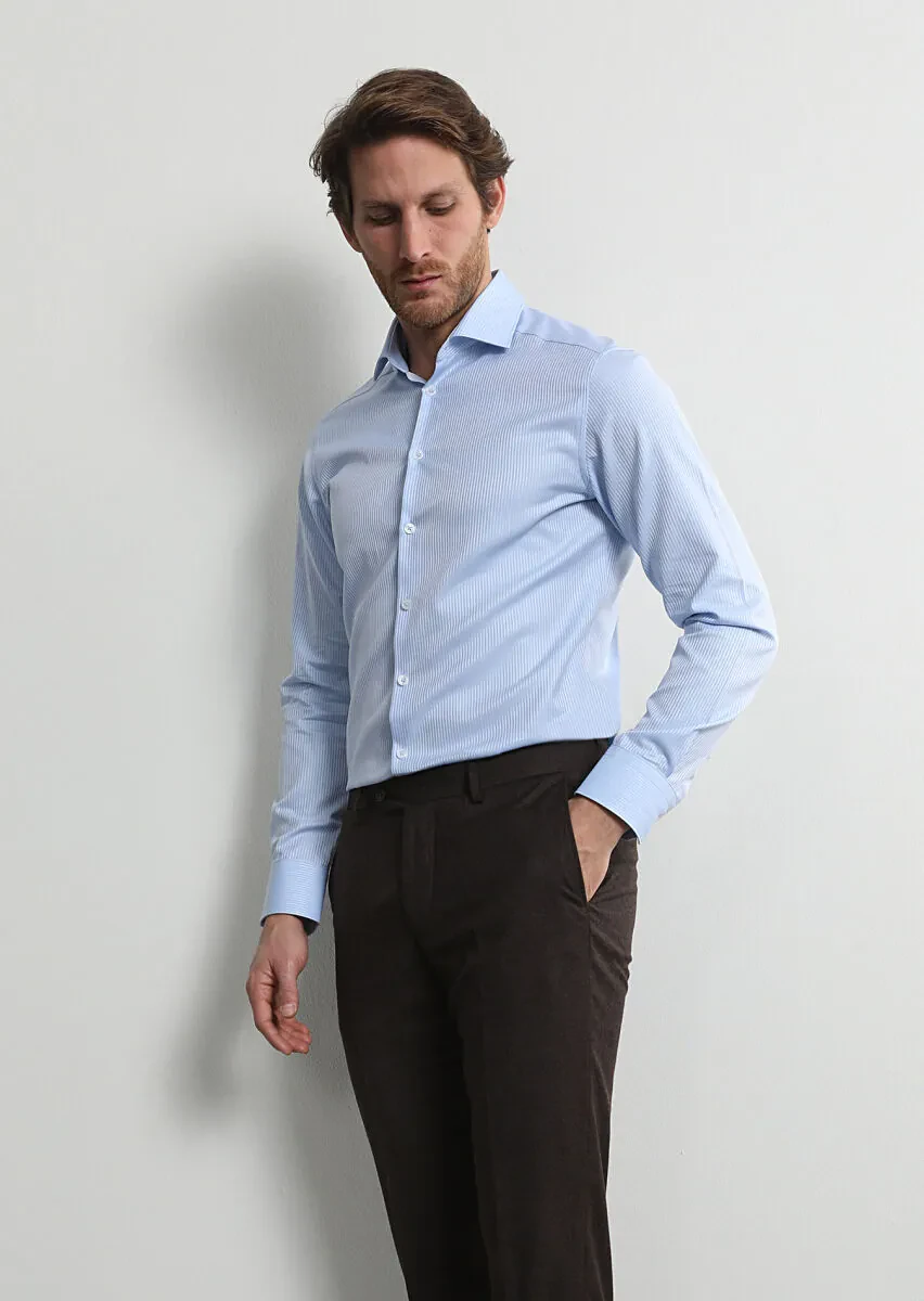 Mavi Çizgili Slim Fit Dokuma Klasik %100 Pamuk Gömlek - 2