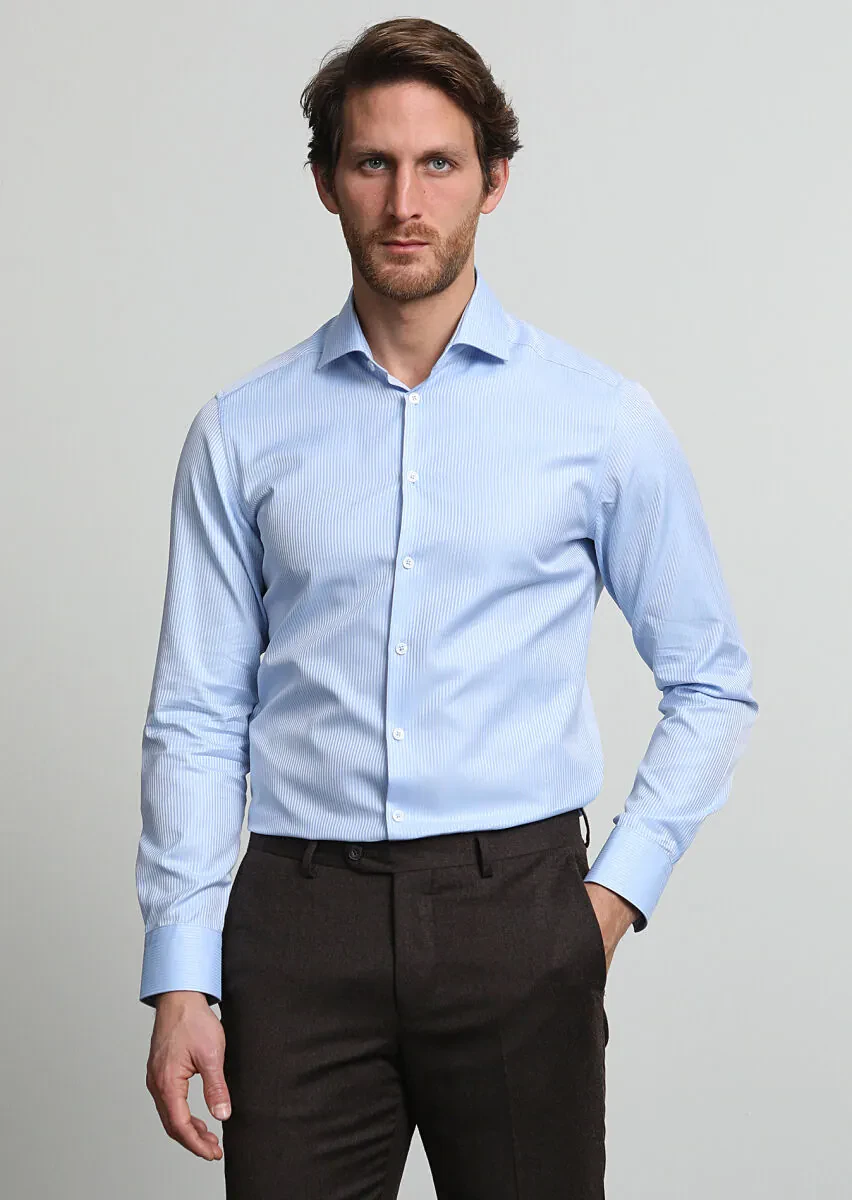 Mavi Çizgili Slim Fit Dokuma Klasik %100 Pamuk Gömlek - 3