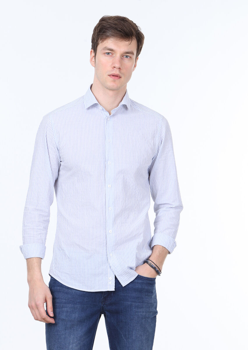 Mavi Çizgili Slim Fit Uzun Dokuma Casual Pamuk Karışımlı Gömlek - 1