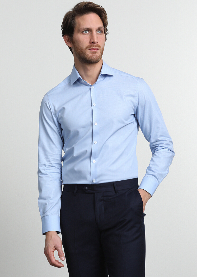 Mavi Çizgili Slim Fit Uzun Dokuma Klasik %100 Pamuk Gömlek - 2