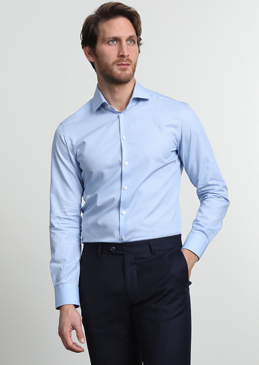 Mavi Çizgili Slim Fit Uzun Dokuma Klasik %100 Pamuk Gömlek - 2