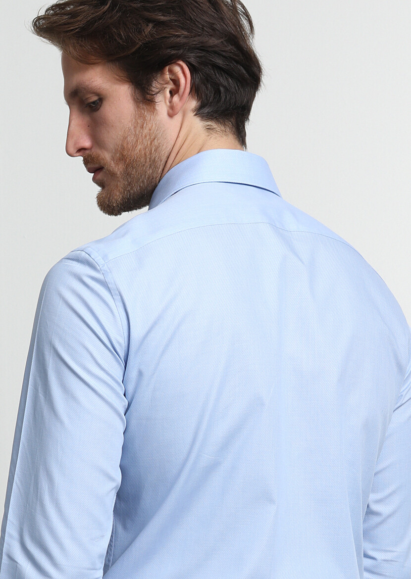 Mavi Çizgili Slim Fit Uzun Dokuma Klasik %100 Pamuk Gömlek - 3
