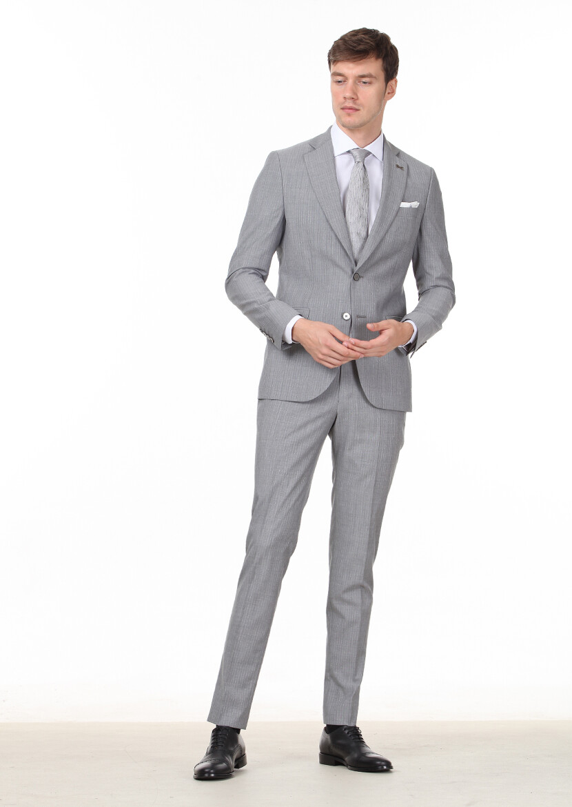 Mavi Çizgili Thin&taller Slim Fit %100 Yün Takım Elbise - 1