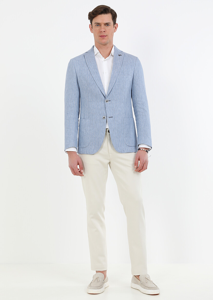 Mavi Çizgili Zeroweight Slim Fit Pamuk Karışımlı Ceket - 2