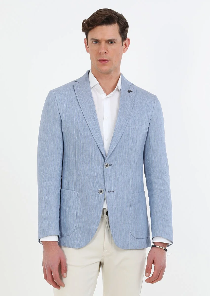 Mavi Çizgili Zeroweight Slim Fit Pamuk Karışımlı Ceket - 1
