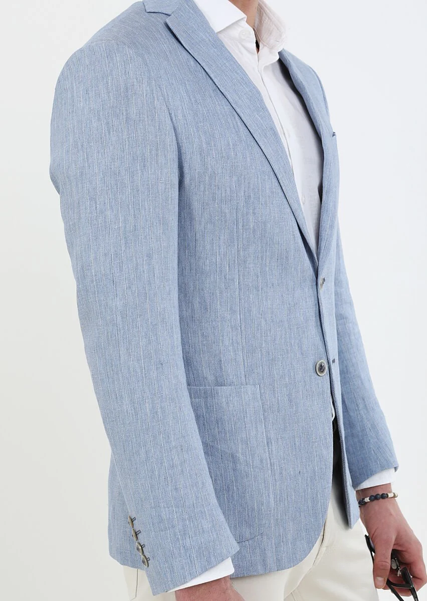 Mavi Çizgili Zeroweight Slim Fit Pamuk Karışımlı Ceket - 4