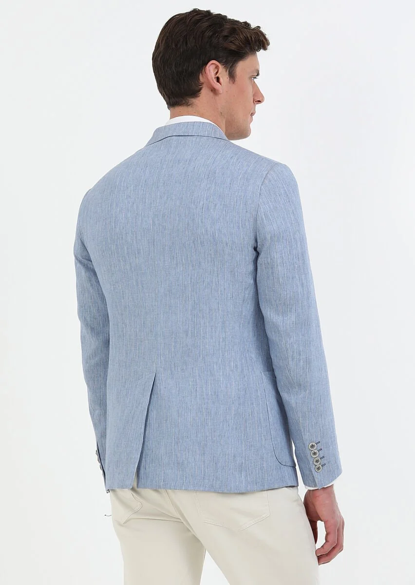 Mavi Çizgili Zeroweight Slim Fit Pamuk Karışımlı Ceket - 6