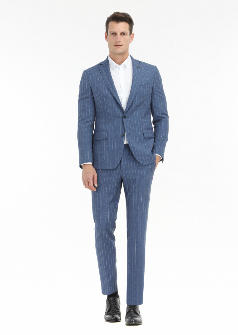 Mavi Çizgili Zeroweight Slim Fit Yün Karışımlı Takım Elbise - 1