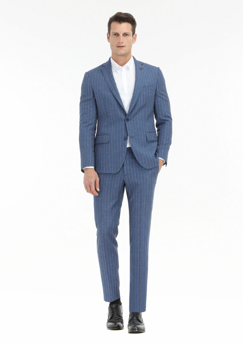 Mavi Çizgili Zeroweight Slim Fit Yün Karışımlı Takım Elbise - 1