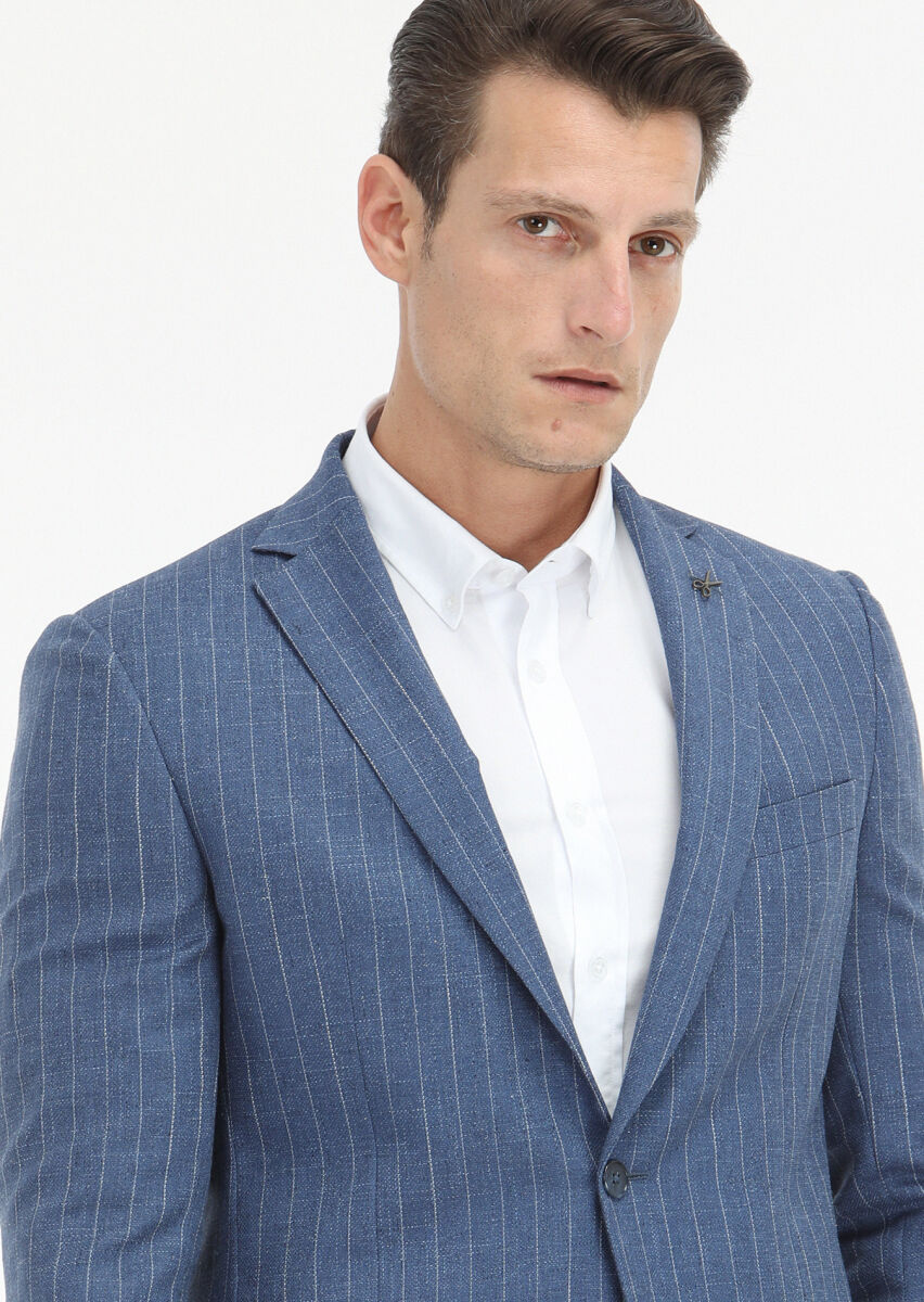 Mavi Çizgili Zeroweight Slim Fit Yün Karışımlı Takım Elbise - 3