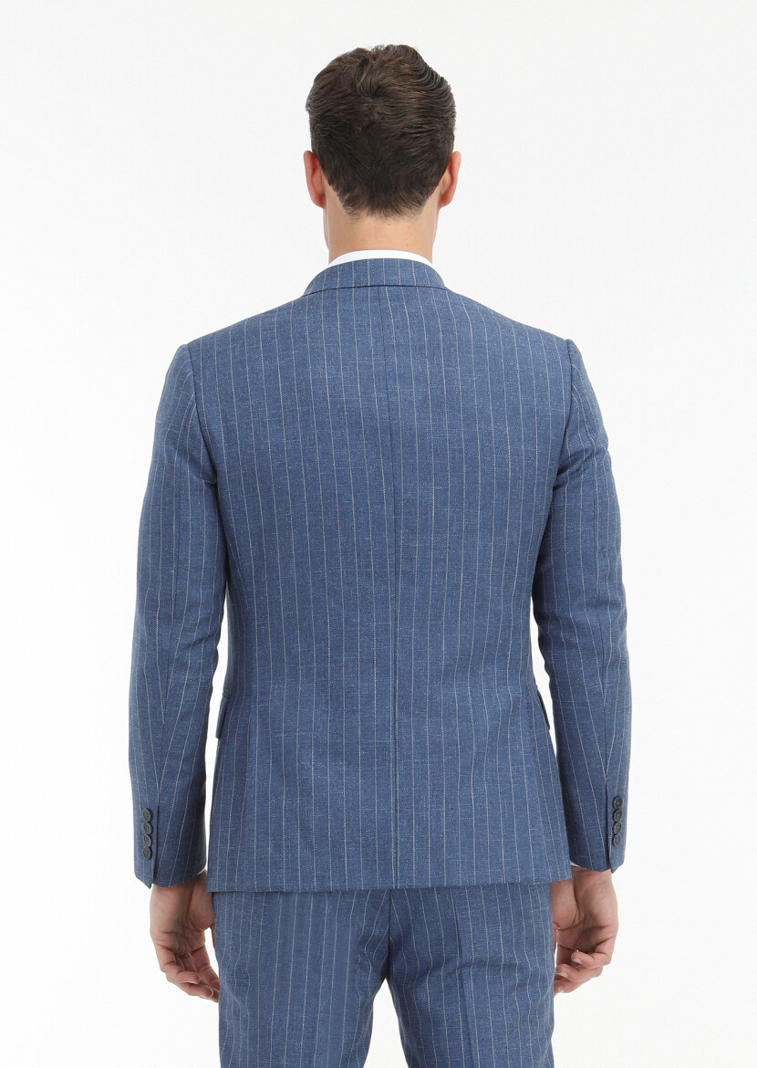 Mavi Çizgili Zeroweight Slim Fit Yün Karışımlı Takım Elbise - 5