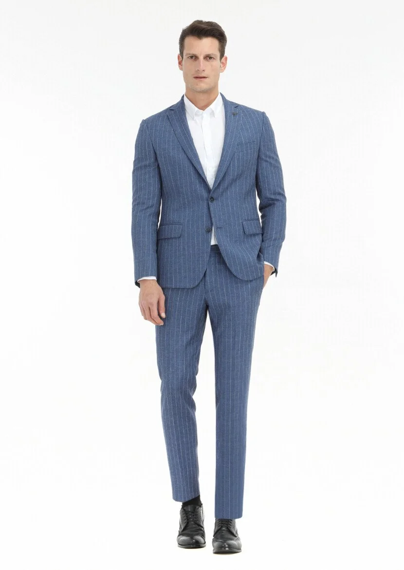 Mavi Çizgili Zeroweight Slim Fit Yün Karışımlı Takım Elbise - 1