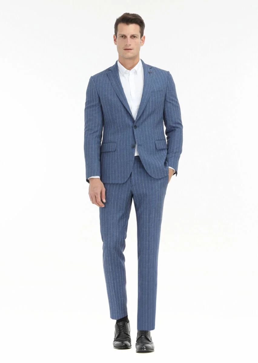 Mavi Çizgili Zeroweight Slim Fit Yün Karışımlı Takım Elbise - 1
