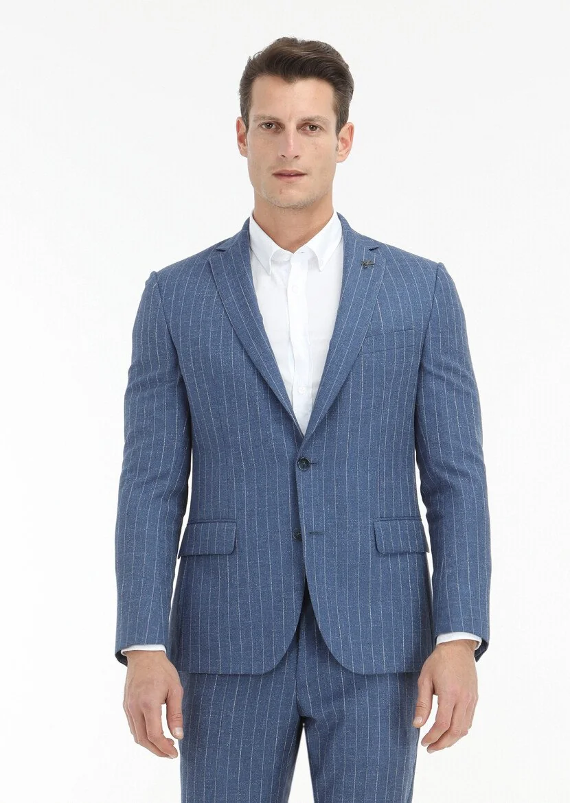Mavi Çizgili Zeroweight Slim Fit Yün Karışımlı Takım Elbise - 2