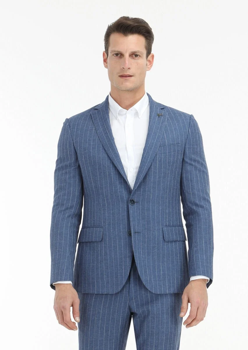 Mavi Çizgili Zeroweight Slim Fit Yün Karışımlı Takım Elbise - 2