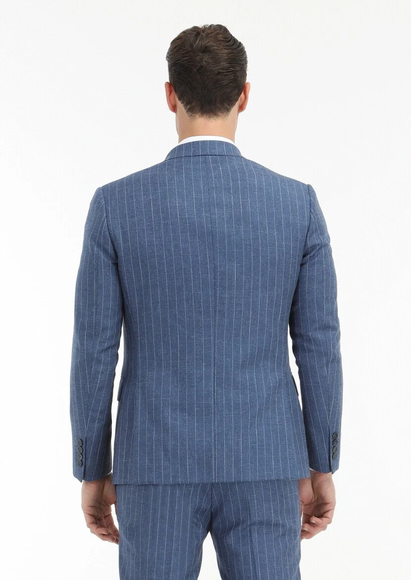 Mavi Çizgili Zeroweight Slim Fit Yün Karışımlı Takım Elbise - 5