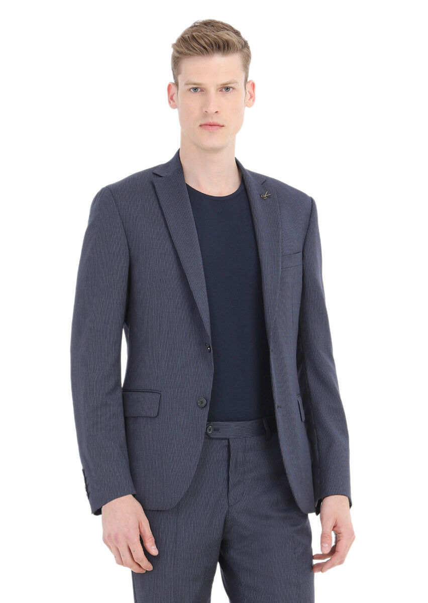 Mavi Çizgili Zeroweight Slim Fit Yün Karışımlı Takım Elbise - 3