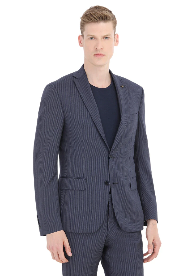 Mavi Çizgili Zeroweight Slim Fit Yün Karışımlı Takım Elbise - 2