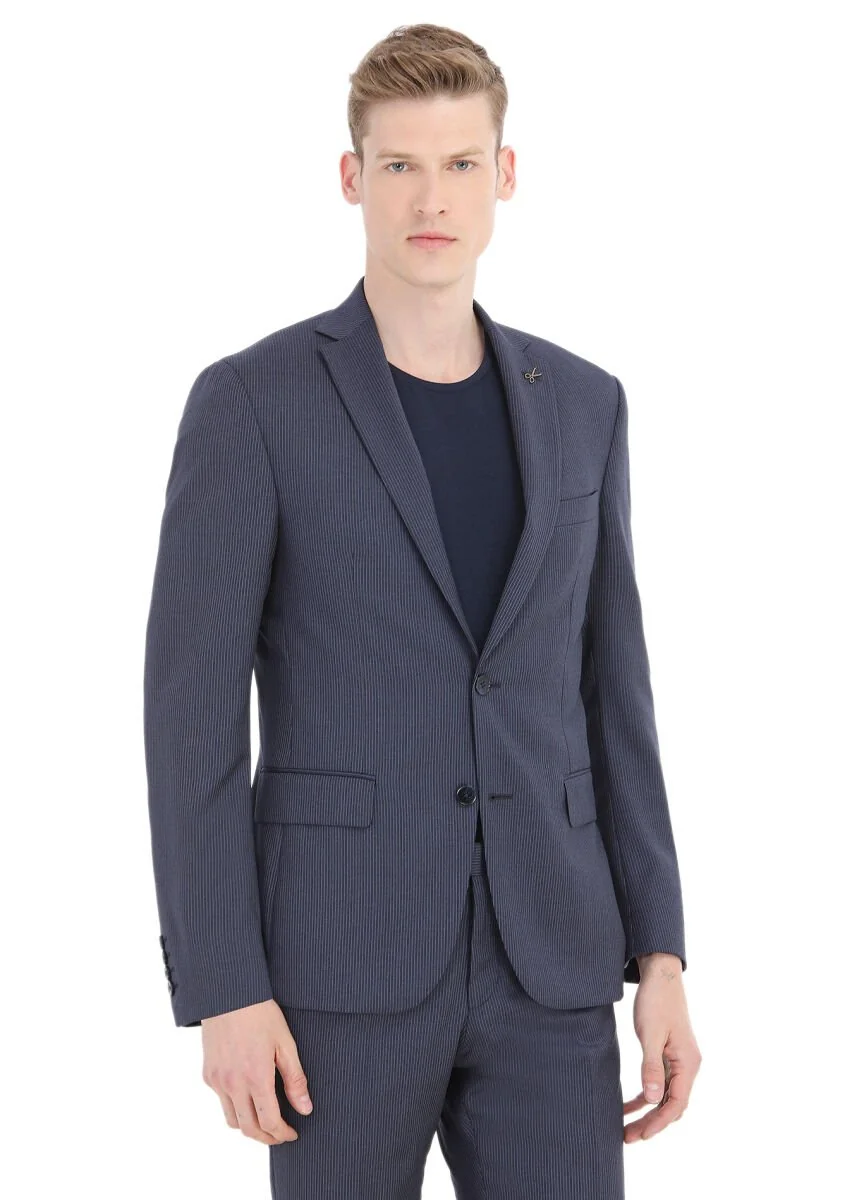 Mavi Çizgili Zeroweight Slim Fit Yün Karışımlı Takım Elbise - 2