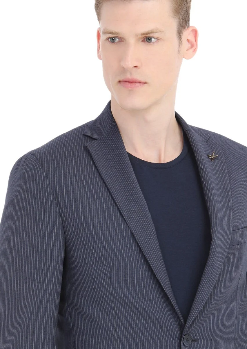 Mavi Çizgili Zeroweight Slim Fit Yün Karışımlı Takım Elbise - 4