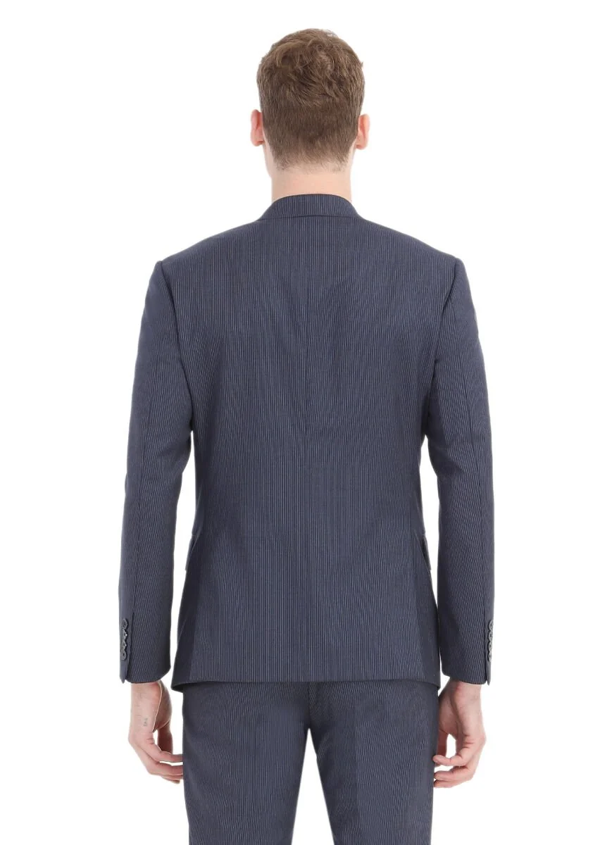 Mavi Çizgili Zeroweight Slim Fit Yün Karışımlı Takım Elbise - 5