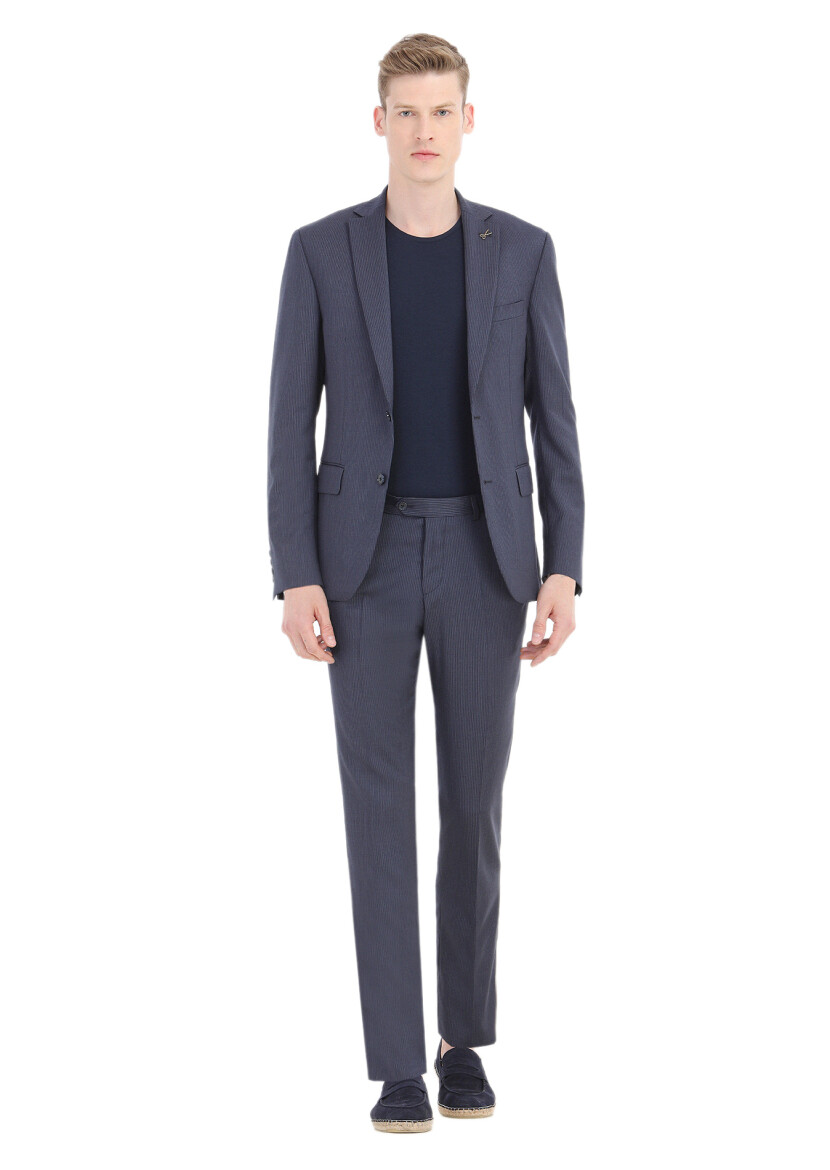 Mavi Çizgili Zeroweight Slim Fit Yün Karışımlı Takım Elbise 